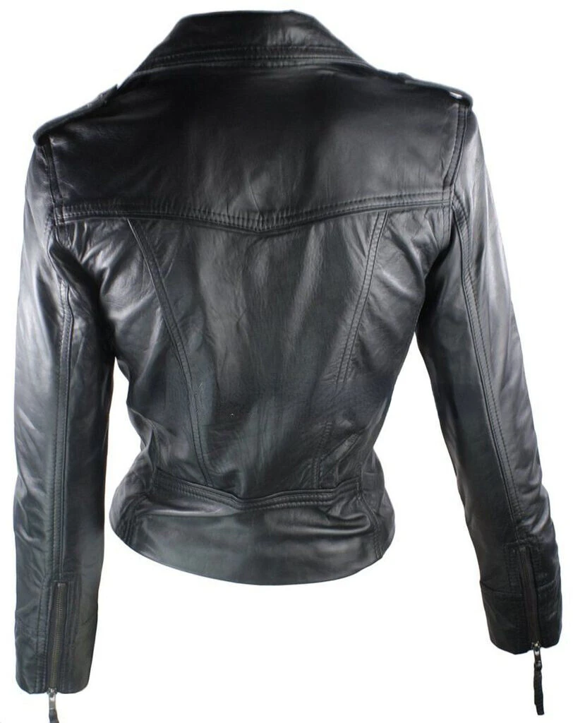 SEXY Women Nightclub Genuine Lambskin 100% Leather Jacket Black Biker Fancy Coat