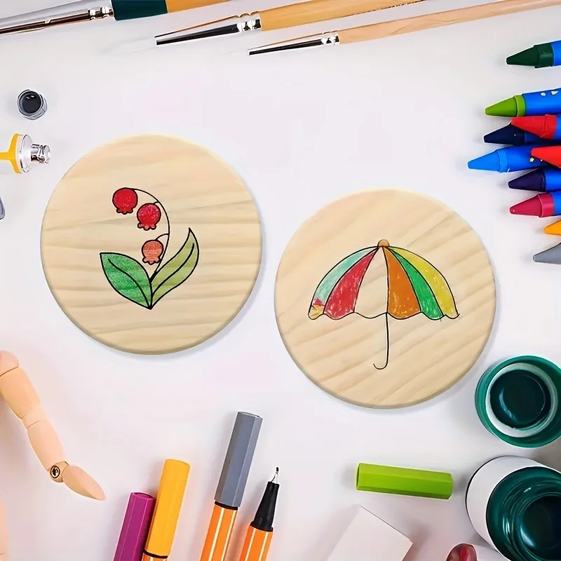 5pcs Set of Unfinished Round Wooden Coasters for DIY Crafts and Home Decor - 4 Inch Diameter, Natural Wood Material for Painting