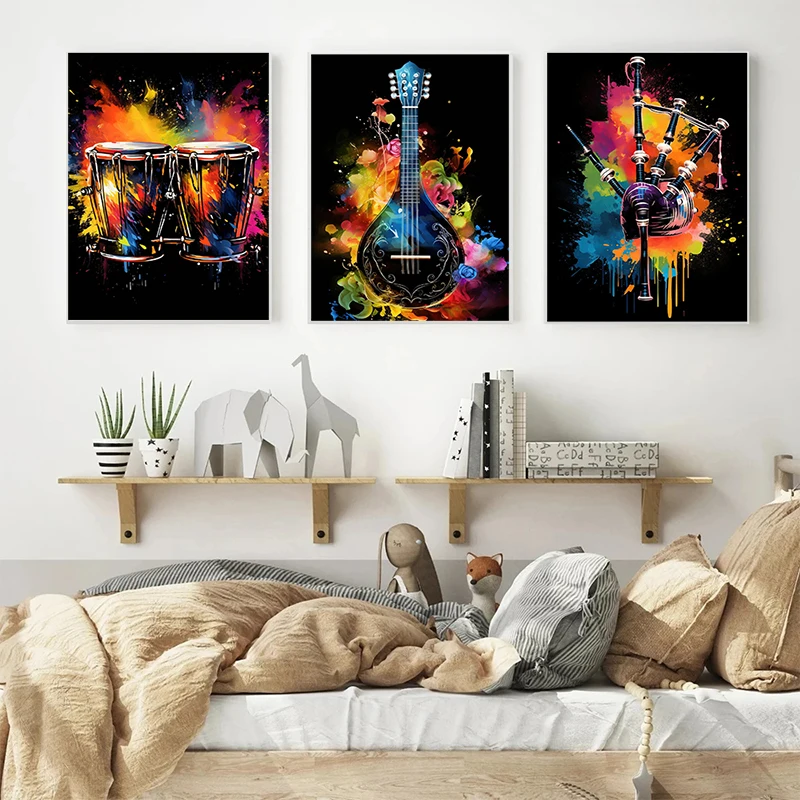 Musical Instrument Poster Violin African Drum Bagpipe Electric Guitar Piano Poster Canvas Painting Wall Art Picture Home Decor