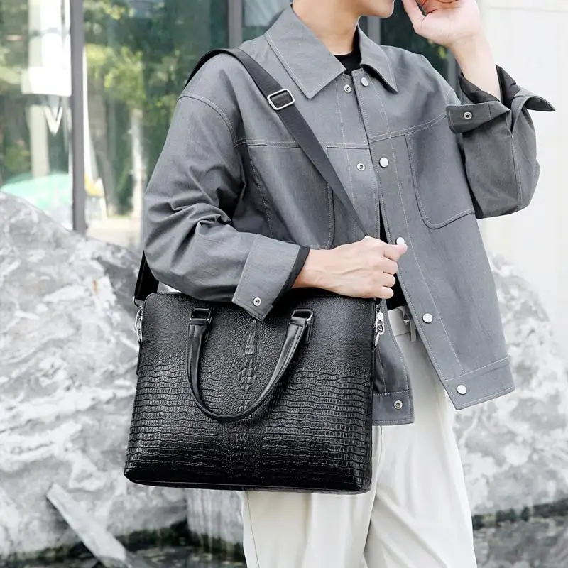 

Новая мужская сумка из мягкой кожи с крокодиловым узором, сумка для документов на одно плечо, сумка через плечо, сумка через плечо