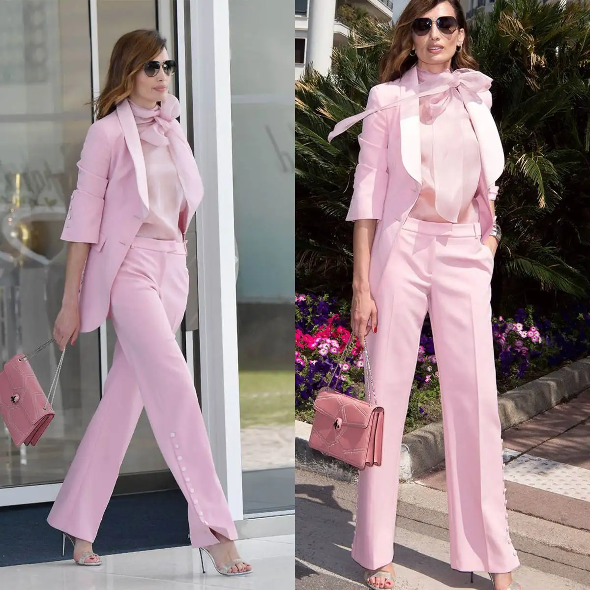 Elegant Pink Women Blazer Sets Slim Fit Street Power Style Formal Office Lady Jacket Coat Tailored One Jacket 2 Pieces