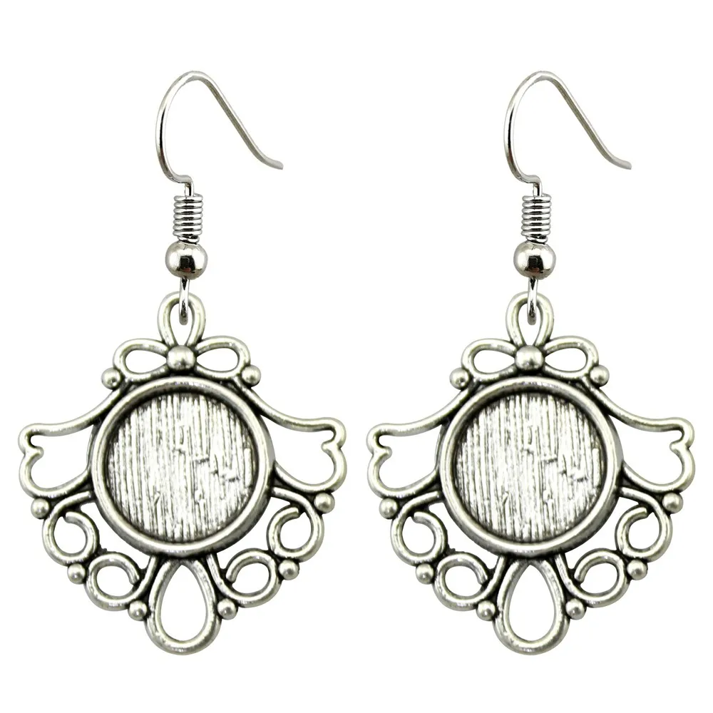 Fit 12mm Glass Cabochon Antique Silver Color Zinc Alloy Drop Earrings Hooks Earring Base Setting Earring Findings
