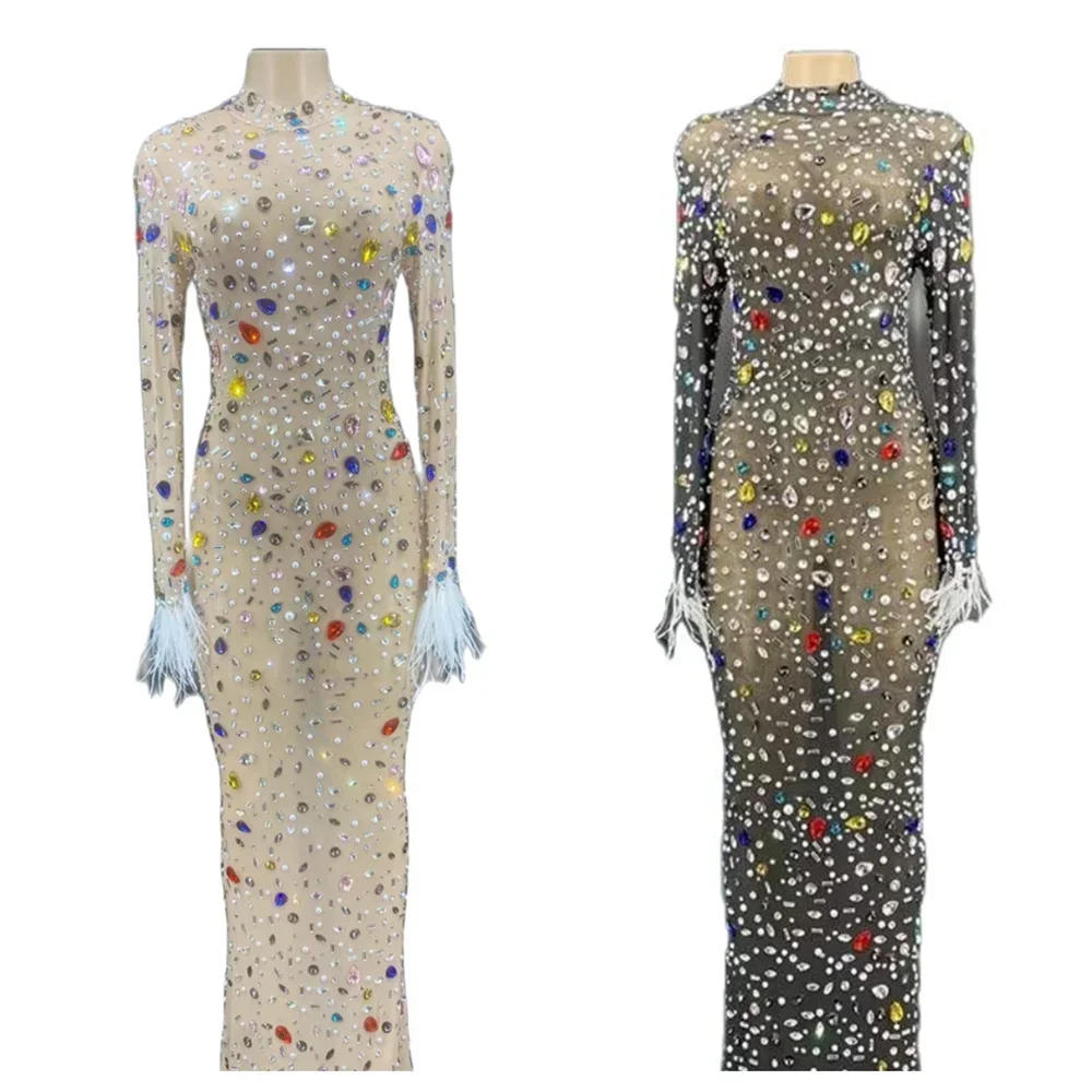 

Black Nude Shining Crystal Rhinestones Perspective Sexy Women Long Dress Evening Party Club Clothing Stage Singer Costumes