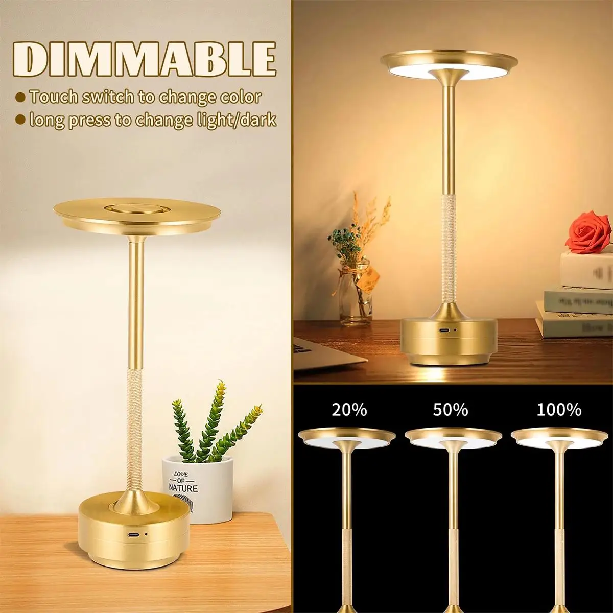 3 Color Table Lamp Black Led Rechargeable Usbc Silver Usb Gold Night Touch Dimmable Touch Control Eye Protected Bedside Aluminum