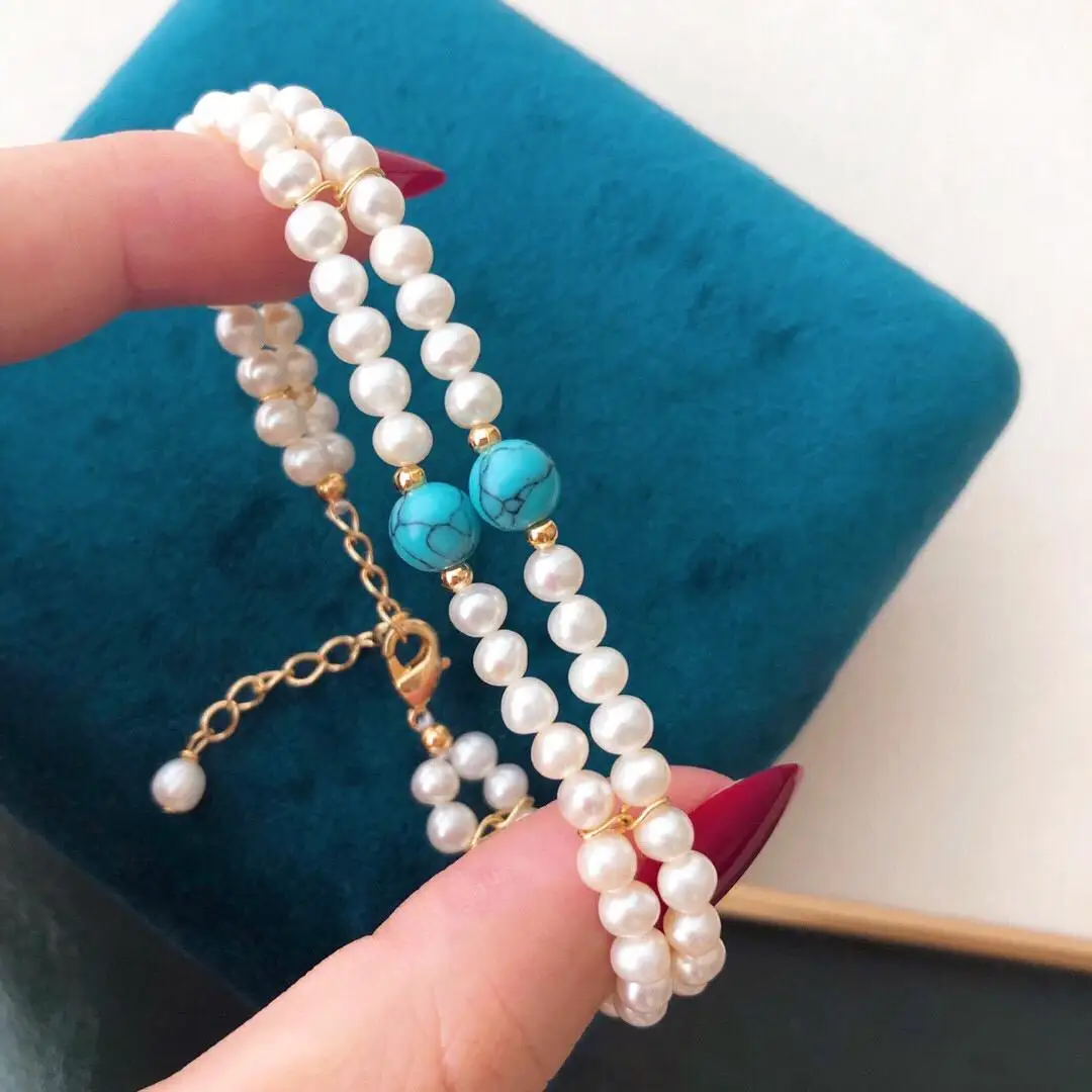 

2 Rows Magnificent Natural South Sea Real White Mini Pearl&Turquoise Bracelet 7.5-8in 14K Gold Filled Free Shipping