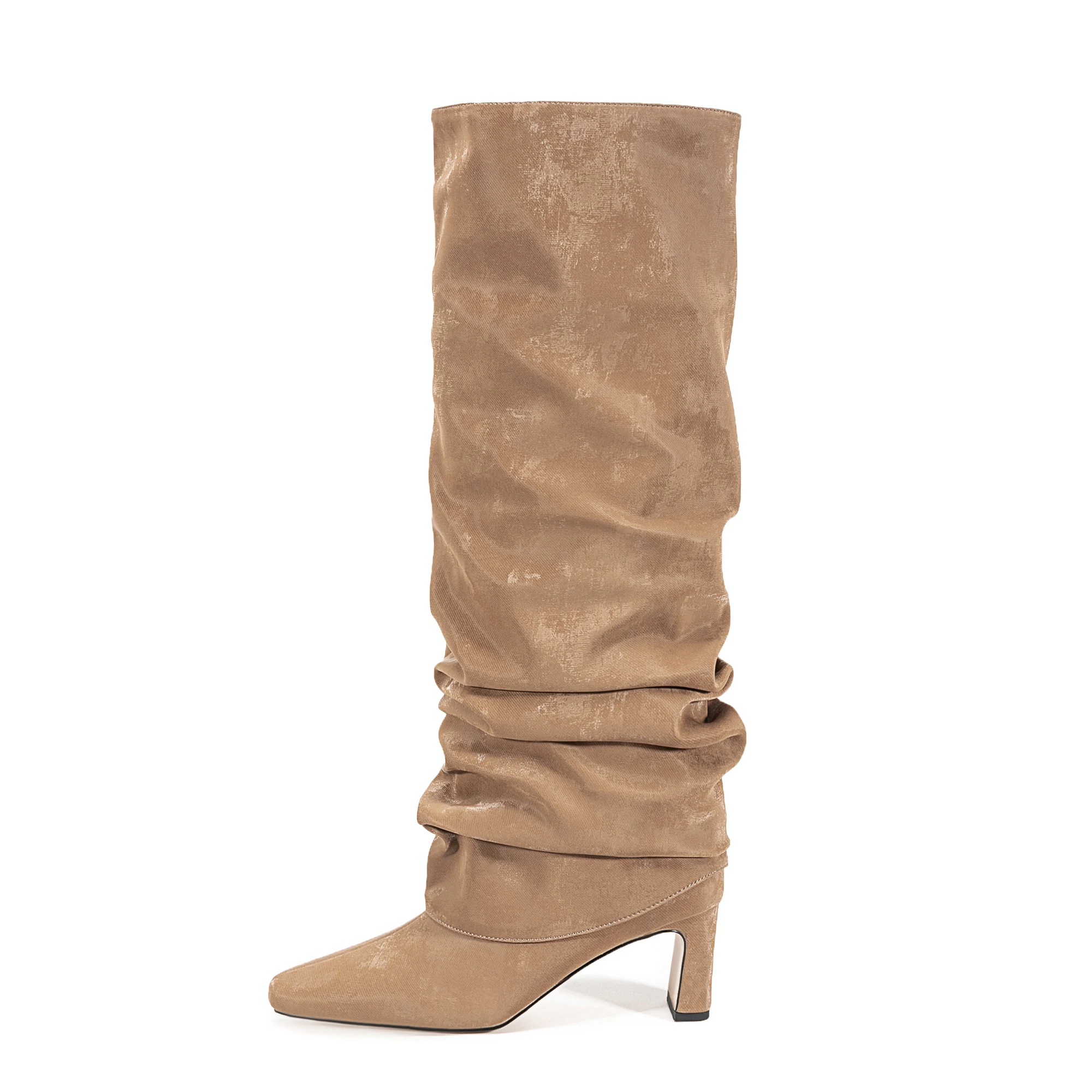 

Arden Furtado 2025 Winter satin Pleated Knee-high boots square toe detachable slip-on Chunky heel Modern boots extra-large size