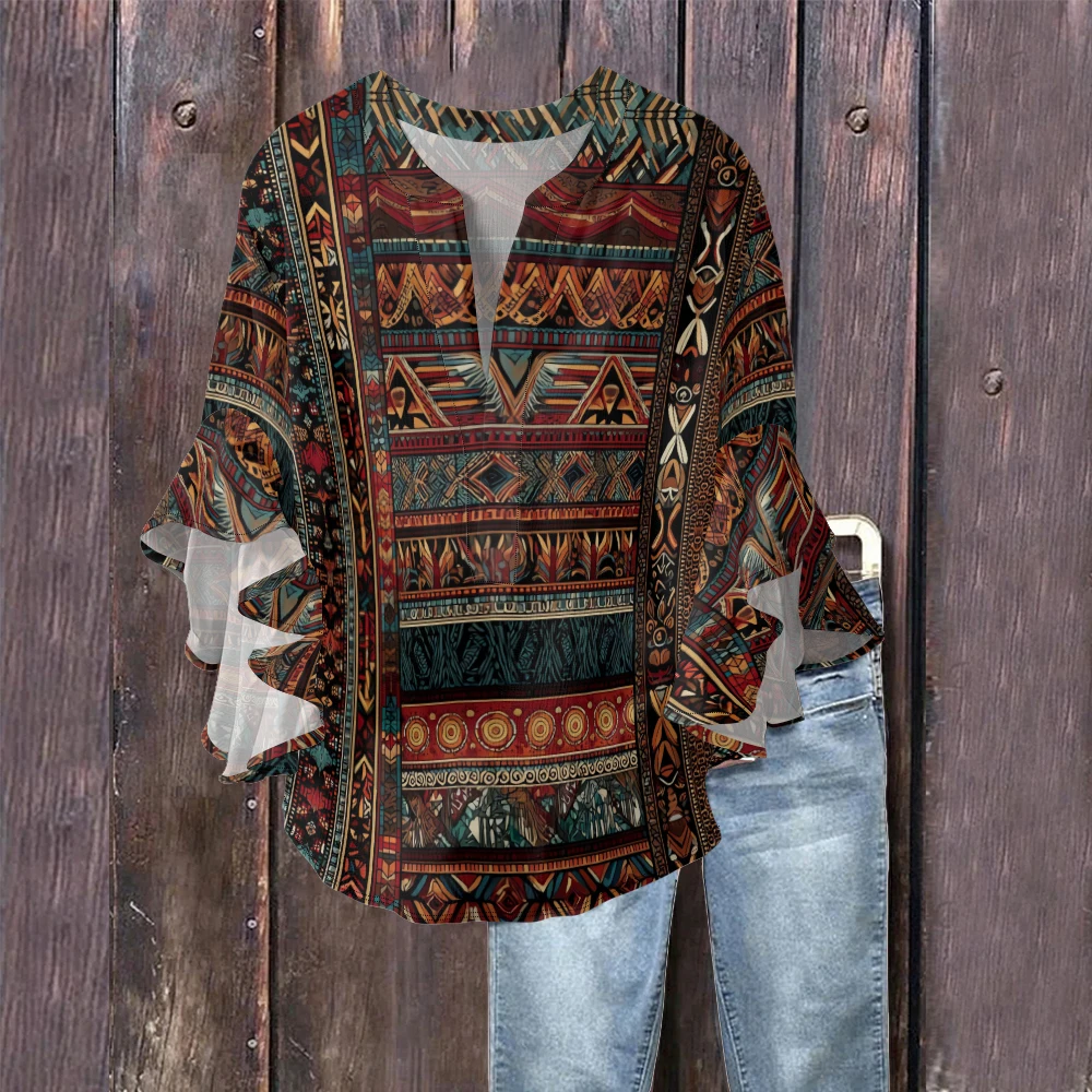 

Tribal Dance Print V-Neck Blouse for Women Boho Crinkle Shirt with Abstract Human Figure and Geometric Puff Sleeve Top Sexy Tops
