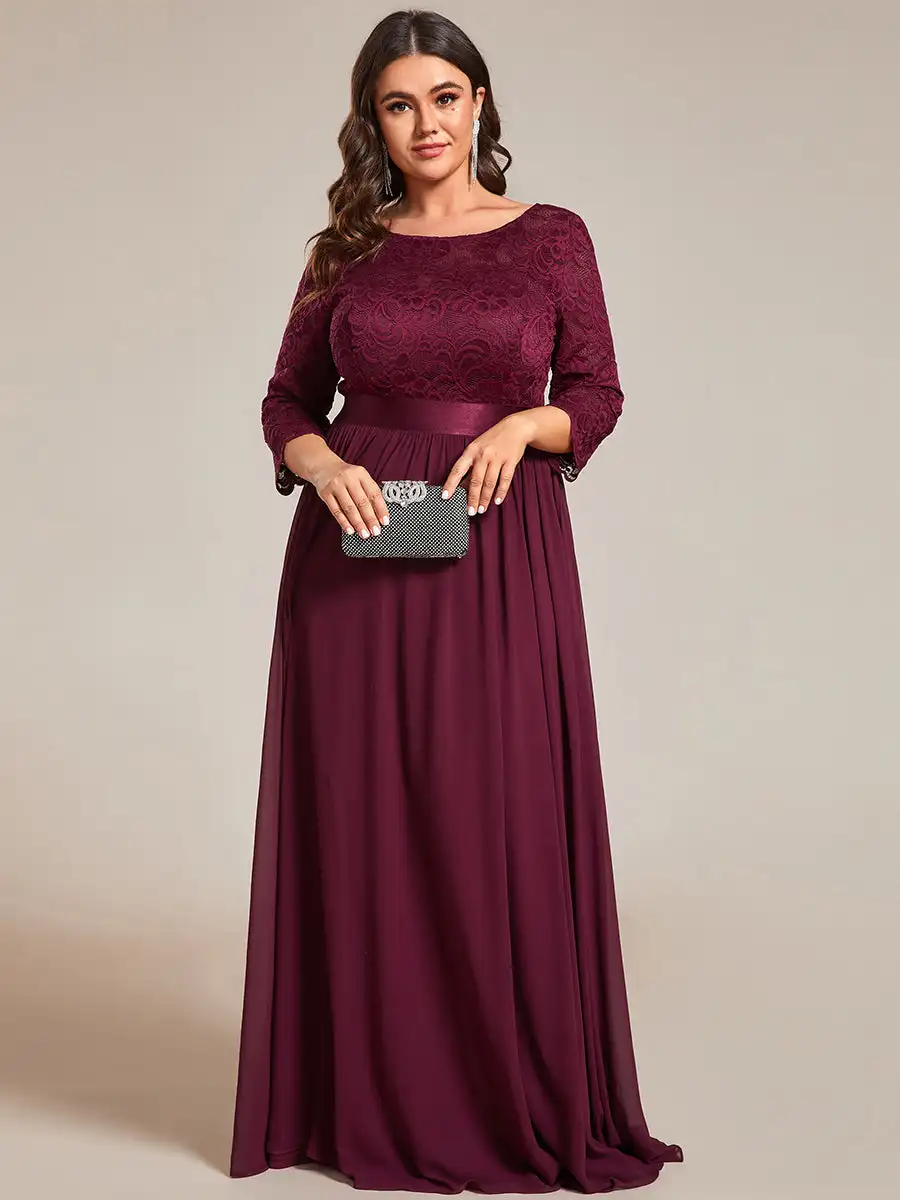 Plus Size Evening Dresses O-Neck Bridesmaid 2024 Ever Pretty with Navy Blue Long Lace Chiffon Sleeve Elegant Dresses for Women