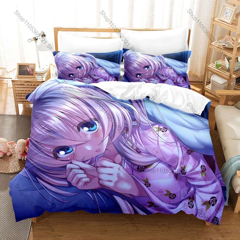 Amakano Snow Town Hot Spring School Girl Sweet Anime Visual Novel Print Duvet Cover + 2 Pillowcases Pastel Winter Microfiber