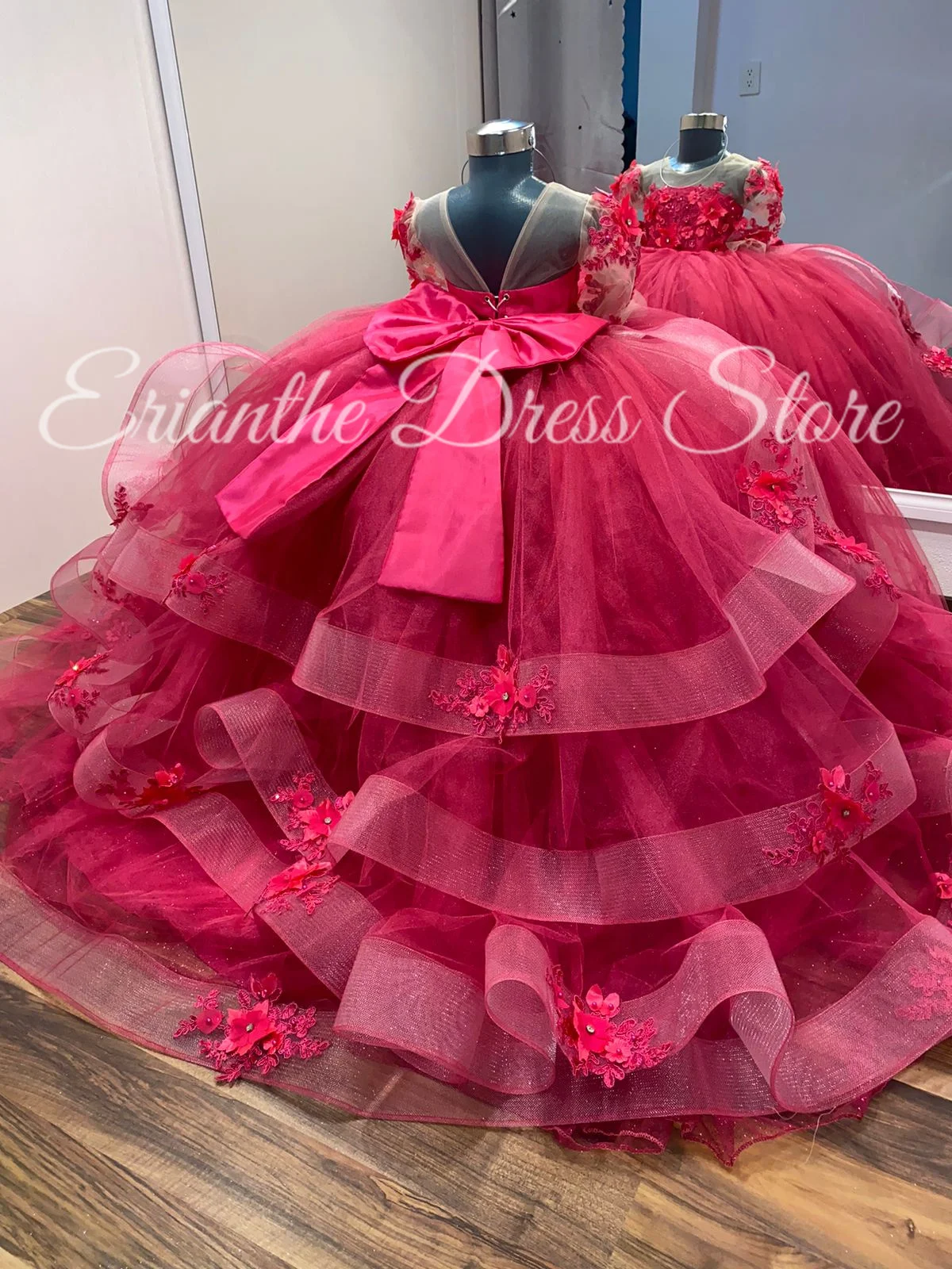 Rose Pink Flower Girl Dress For Wedding 3d Applique Tulle Puffy Kids Birthday Party First Communion Ball Gowns Customized