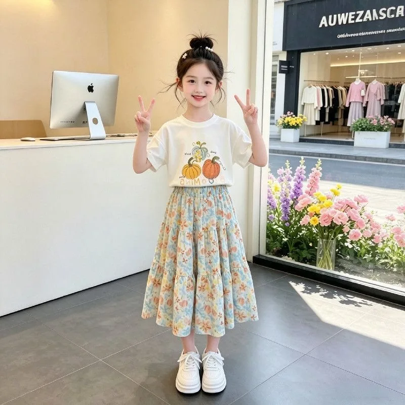 2026 Summer Girls Clothes Children Suit Teenager Short Sleeve fruit floral Top T-Shirt + Loose long skirt4 8 10 11 12 Year