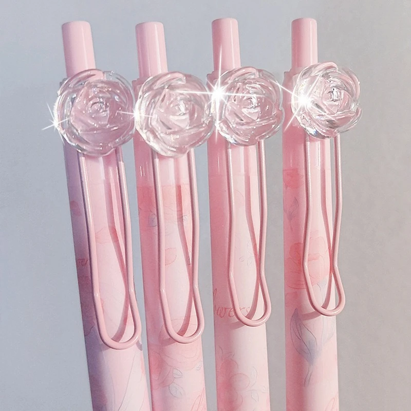 

4 Pcs/Set Romantic Flower Rose Poem Gel Pen for Girl Student Soft Holder 0.5mm Black Ink Writing Pens School Office Stationery