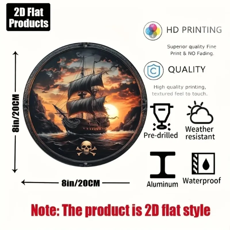 2D Flat, 1 Piece, Vintage Pirate Ship Mural Theme Round Aluminum Metal Decorative Plaque, Suitable for Bars, Kitchens, Cafes