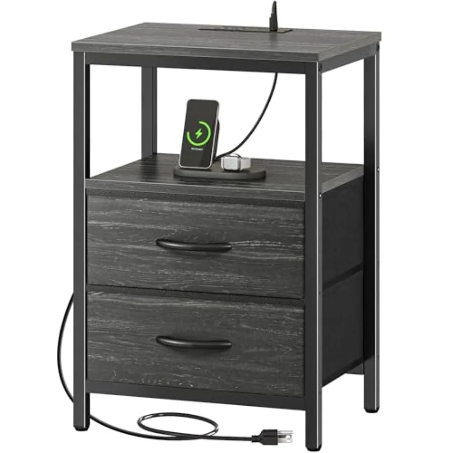 

Nightstand with Charging Station, Fabric Drawers, End Table with Open Shelf, Bedside Table with USB Ports and Outlets, Night St