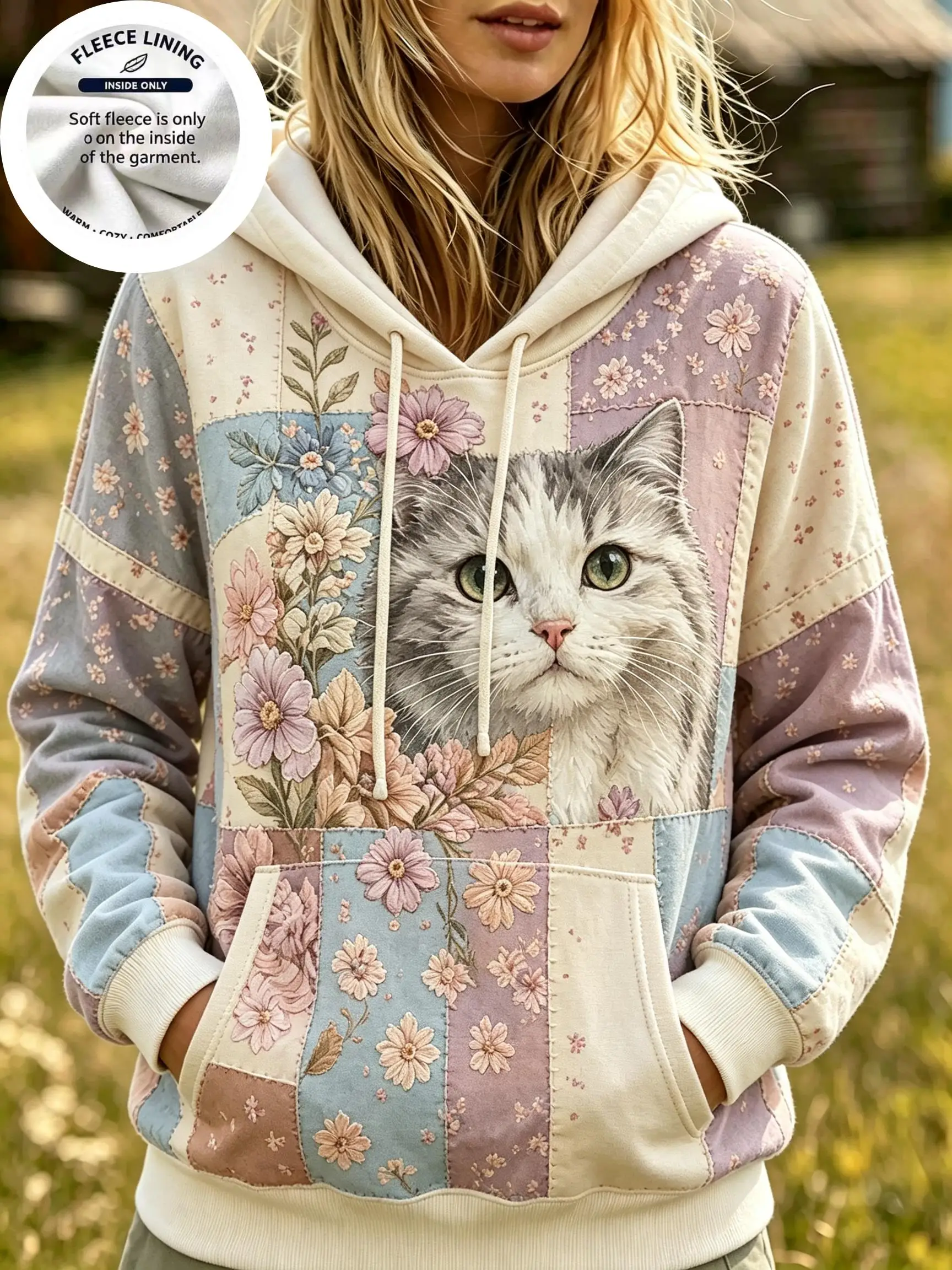 Vintage Country Floral Patchwork Fleece Hoodie for Women, Forest Animal Portrait Hooded Sweatshirt