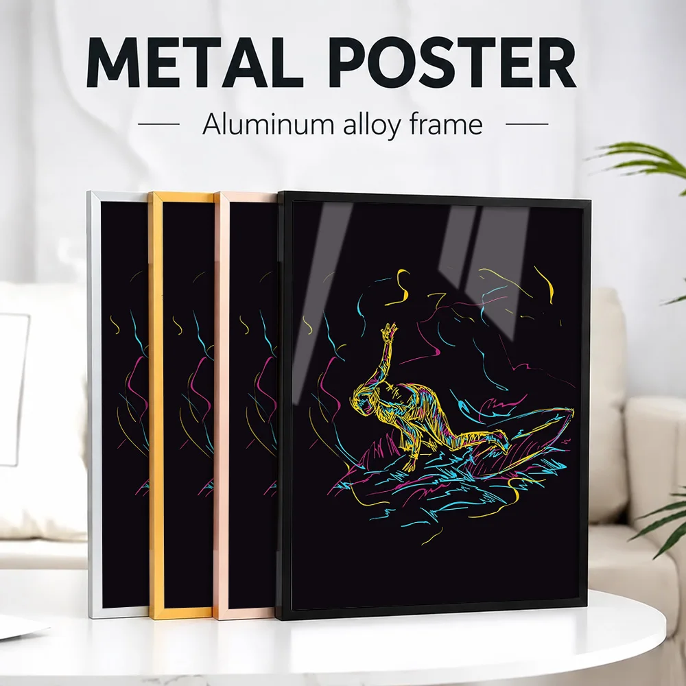 Colorful Kayaker Line Drawing Framed Metal Print Customized Photo Coastal Action Style Wall Art For Living Room Adventure Gift