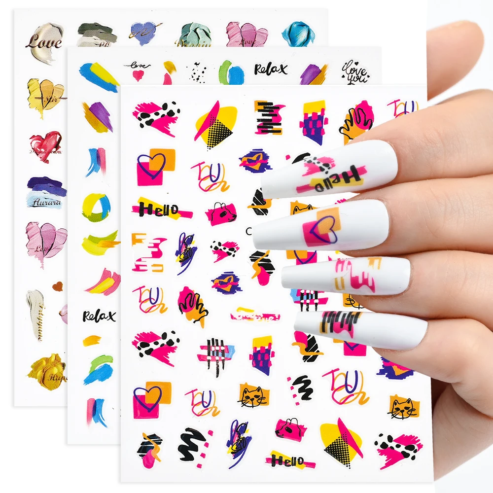 1pcs Cartoon Graffiti Marble Smoky Nails Sticker Blooming Ink Painting 3D Adhesive Decal Abstract Line Heart Sliders for Nails