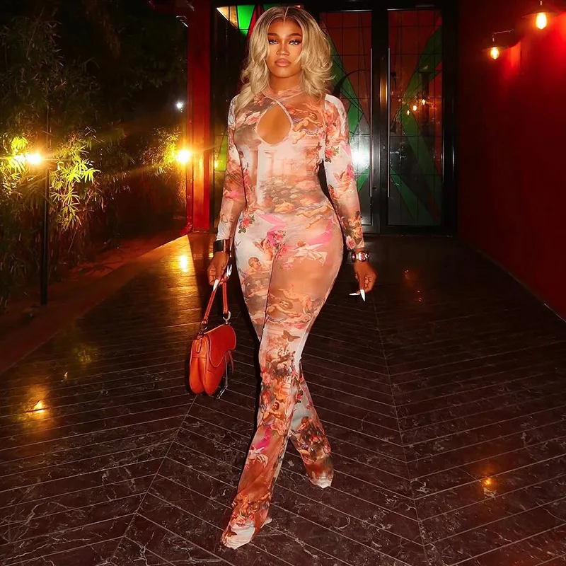

Bangniweigou Long Sleeve Hollow Skinny Fancy Mesh Jumpsuit Women Fashion Printing See through Pants Jumpsuits