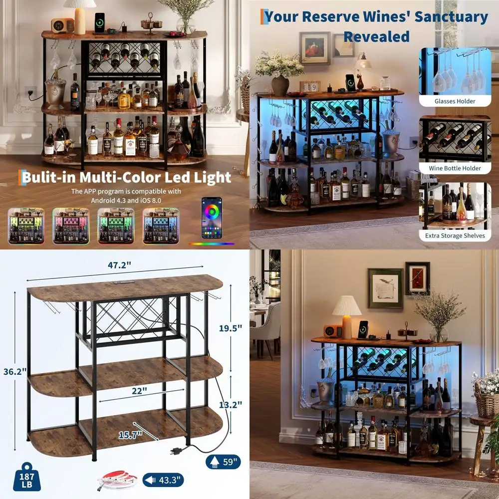 47,2 metalen thuisbarwagen met LED-verlichting, stopcontact, opbergruimte met 4 niveaus, wijnrekken en glazen houder