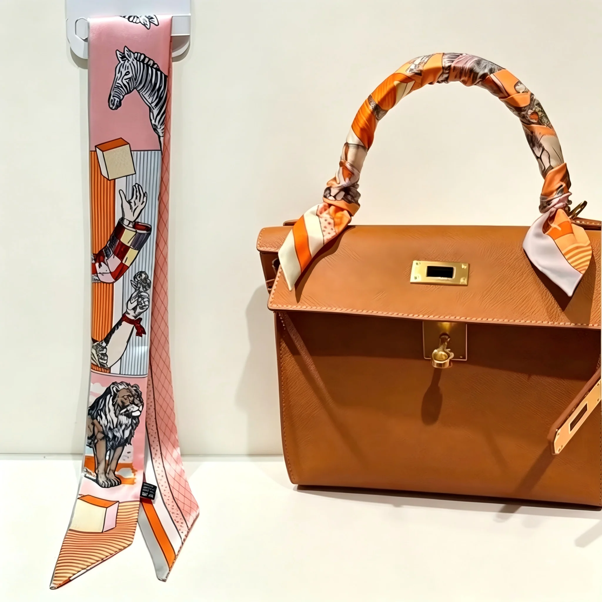 Pañuelo largo y delgado minimalista de imitación de seda, fino, para decorar asas de bolso, para mujer, para todas las estaciones, para el cuello, el cabello o como pañuelo.
