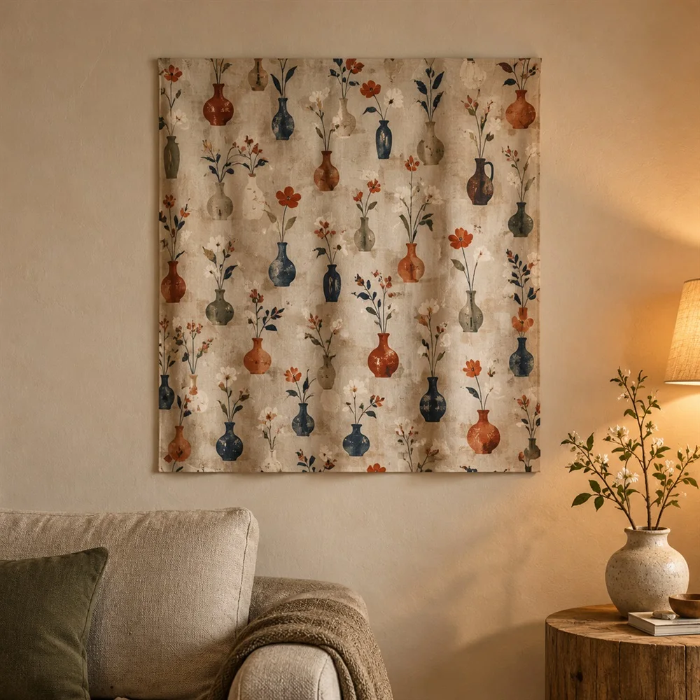 VIKAMA Single Branch Vase Allover Pattern Tapestry Wall Hanging, Wabi Sabi Wall Decor Tapestries for Bedroom Living Room Study
