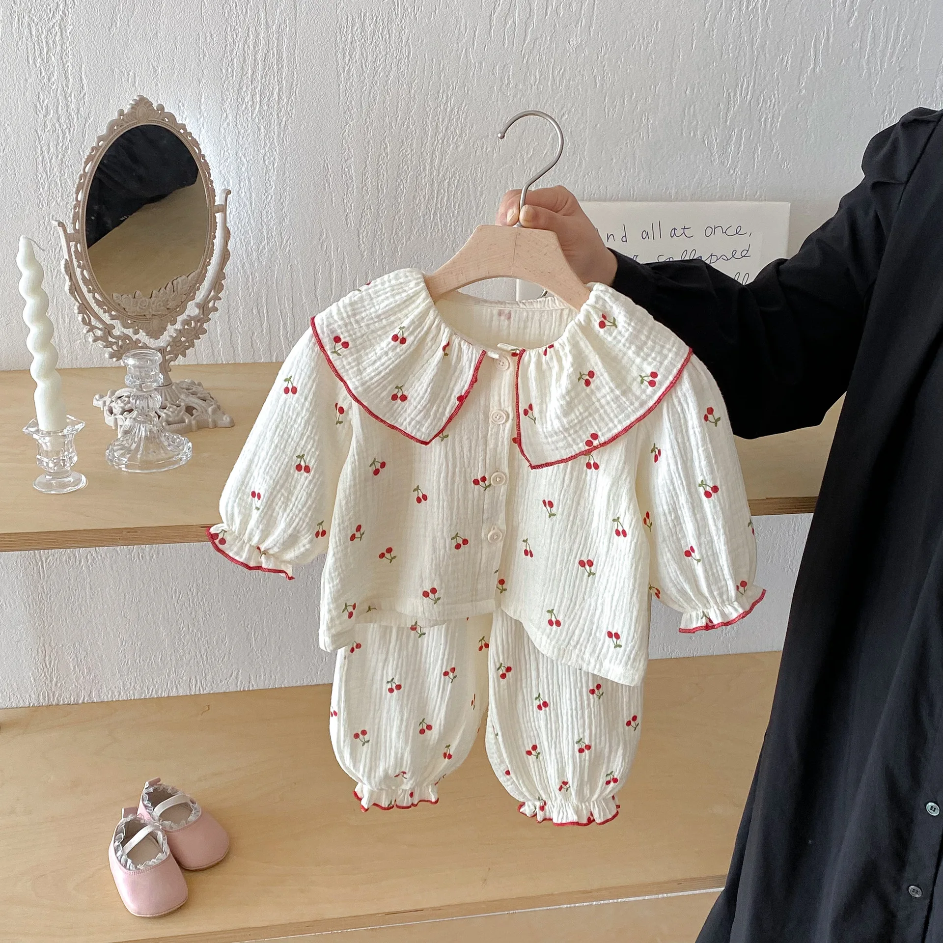 5484 Baby Clothing Set 2026 Autumn New Baby Girl Pajamas Set Infant Cherry Print Top+Pant Casual Two-piece Suit Home Clothes