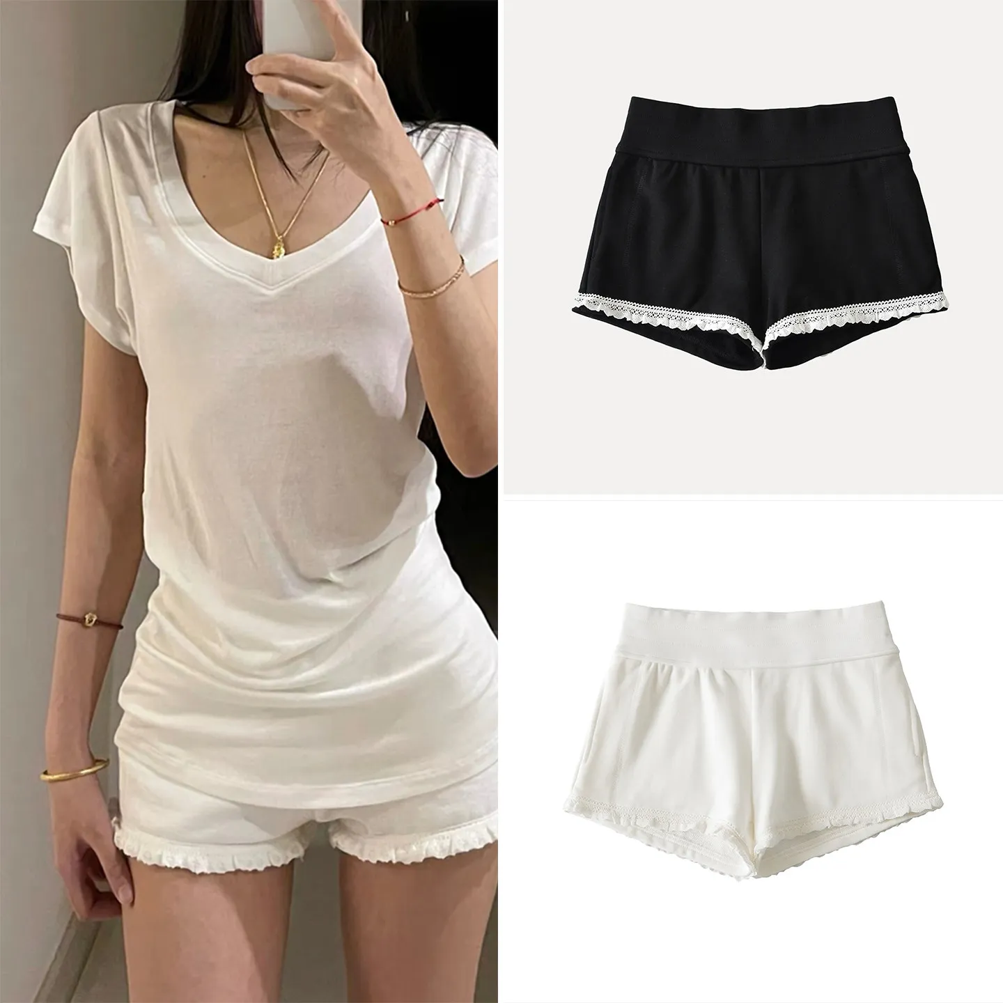 

Low Waist Lace Trim Splice Slimming Casual Fashionable Women's Summer Hot Pants ZADATA Brand Natural Waist Other Material