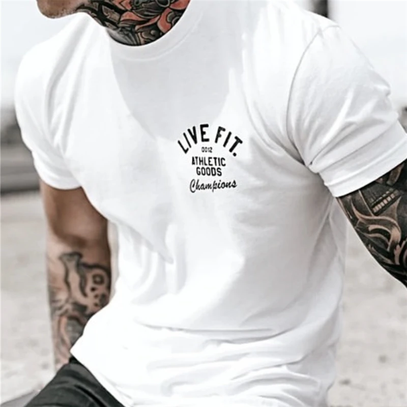 M-4XL High Elasticity Cotton Summer Mens Gym T shirt Fitness Bodybuilding Letter Print Male Clothing Brand Tee Tops