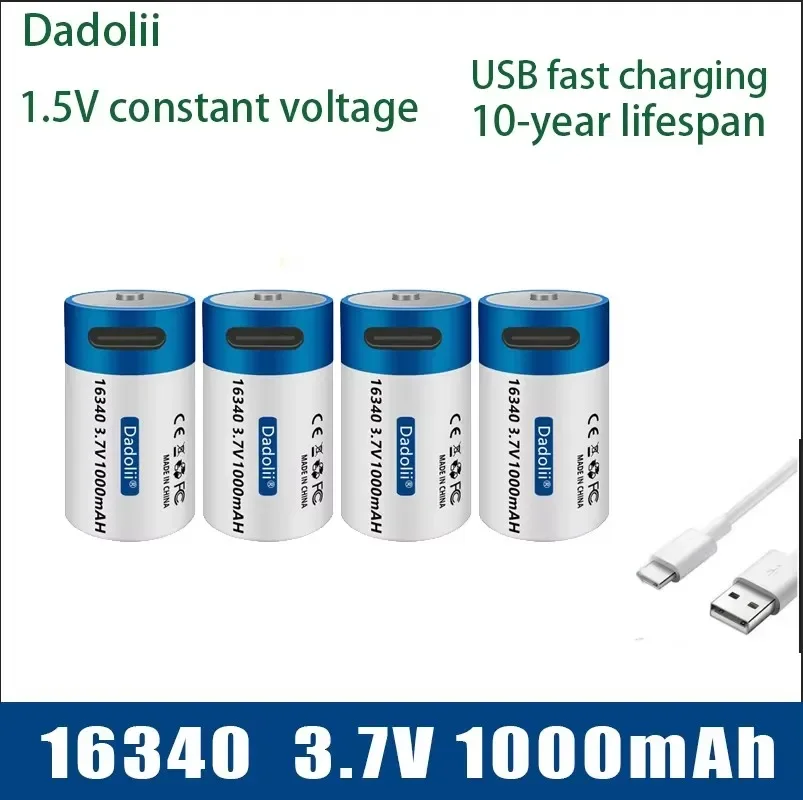 New USB fast charging battery SHSEJA CR123A 123A CR123 ICR 16340 3.7V lithium-ion battery, 1000mAh