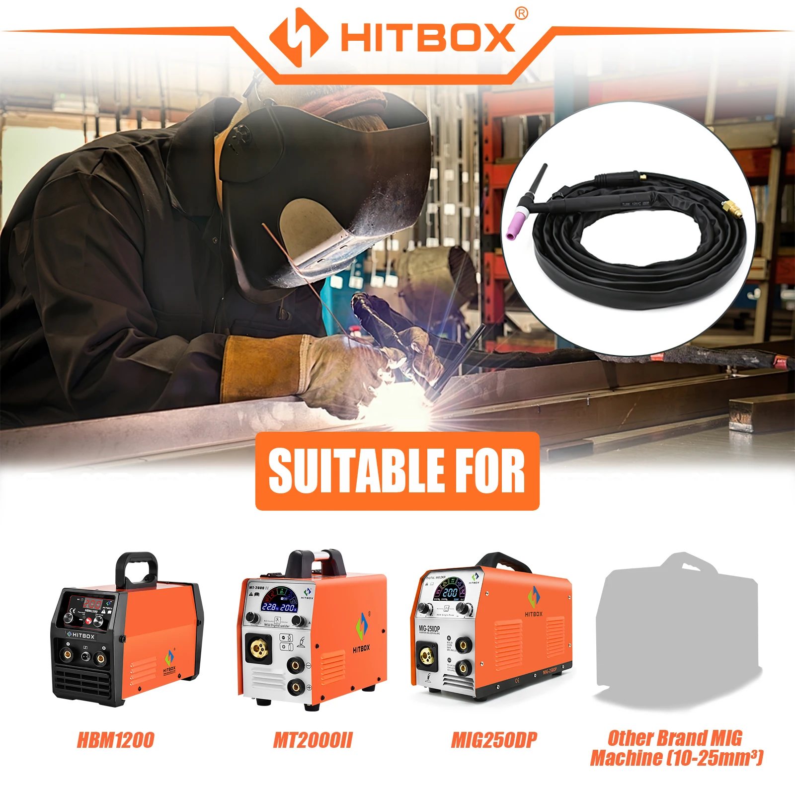 HITBOX TIG Gun WP17V/WP26V Gas Burner Welding Torch 13ft 4M 10-25mm Adapter 140A 150-Amp Air Cooled SR-17V Argon Gun Tools