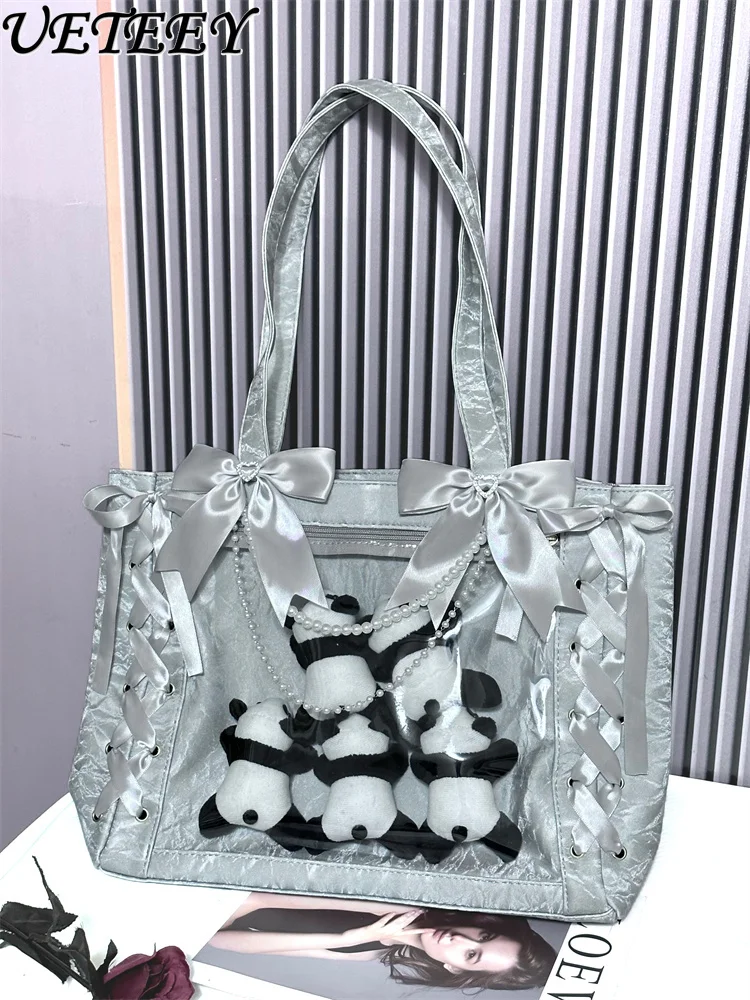 Japanese Style Sweet Girl Versatile Ribbon Bow Cute Handbag Outings Travel Shopping Large Capacity Makeup Bag Shoulder Bags