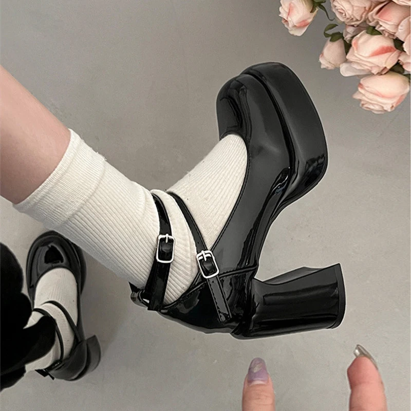 

Red Pumps For Women Mary Jane Girls Fashion Brand New Chunky Heel Wedding Dress Shoes Spring New Pumps Classic Double Buckle 40