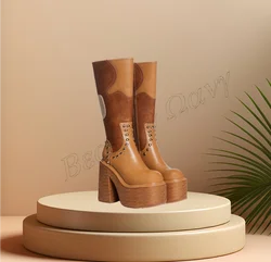 Brown Rivet Decor Wooden Heel Boots Platform Strange Style Shoes Wedges High Heel Shoes for Women Shoes 2024 Zapatos Para Mujere