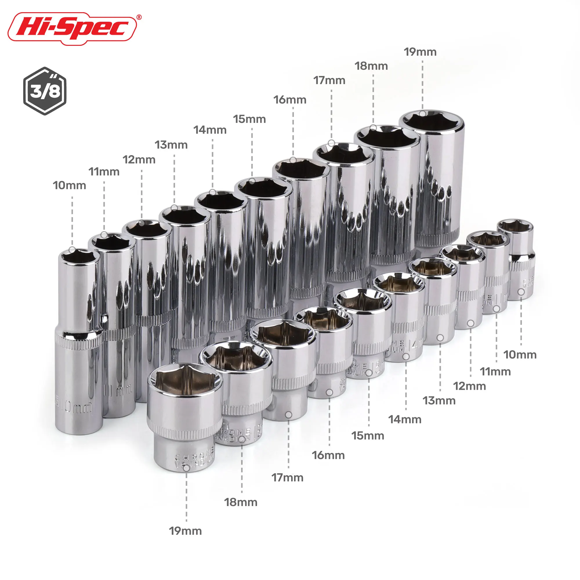 Hi-Spec 3/8 inch Short Long Socket Set CRV 6-24mm Deep Socket Adapter for Torque Ratchet Socket Wrench Spanner Repair Hand Tool