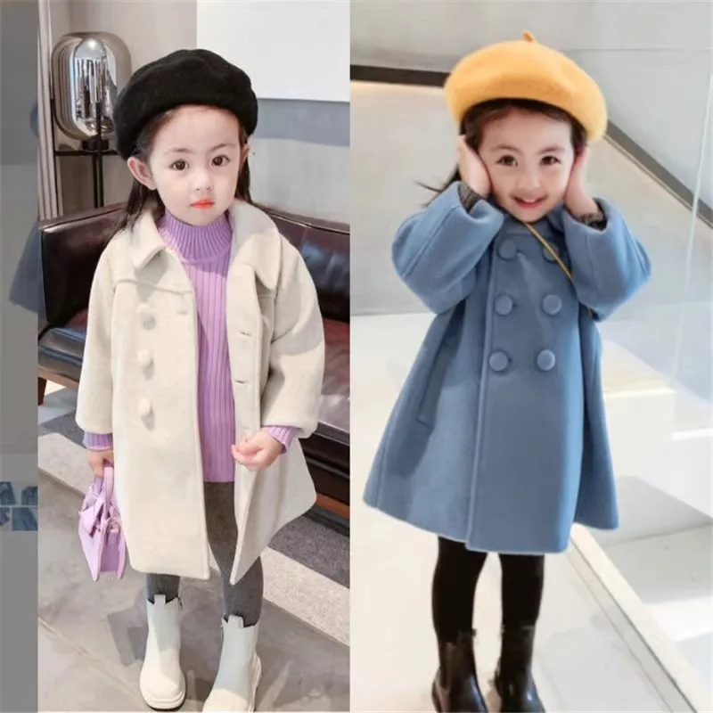 

Children's mid-length woolen and cotton coat 2025 winter girls' baby Korean version thickened double-breasted fashion jacket