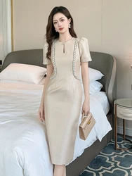 New Summer Elegant Luxury Formal Evening Dress Women Clothes Casual Retro Pearl O-Neck Puff Sleeve Slim Midi Party Prom Vestidos