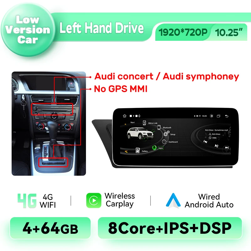 10.25Inch Scherm Draadloze Carplay Android Auto Radio Speler Voor Audi A4 B8 A5 2009-2016 Multimedia Android14 GPS 4G WIFI DSP