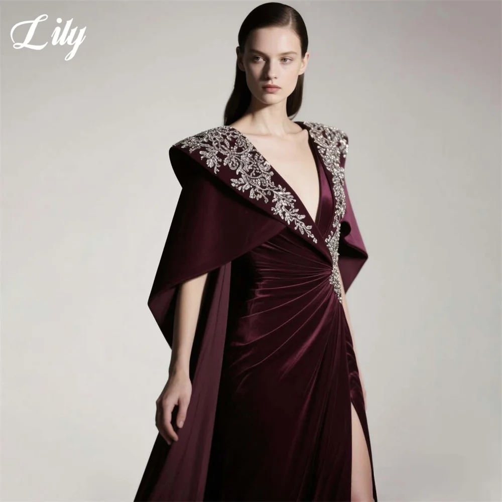 

Lily Burgundy Evening Dress V Neck Off the Shoulder Prom Dresses Embroidery Party Formal Gown High Split robe de bal Customized