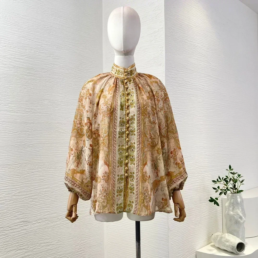 

Sexy Silk2024 New Autumn Pink Orange Paisley Print Long Sleeve Blouse Tops and short For Womenparty