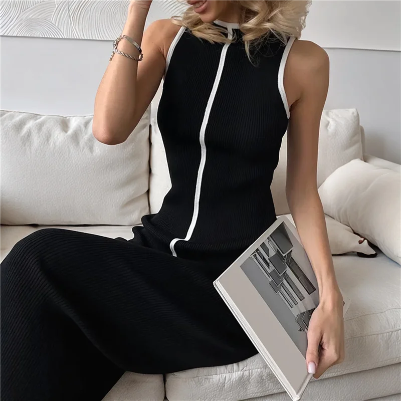 ABP-Damen ärmelloses T-Shirt-Kleid, Sommer, Kontraststiche, gestricktes Tank-Maxikleid