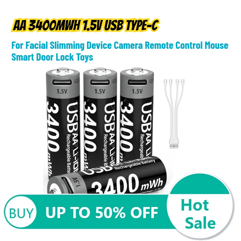 AA 3400mWh 1.5V USB Type-C Lithium Battery for Facial Slimming Device Camera Remote Control Mouse Smart Door Lock Toys