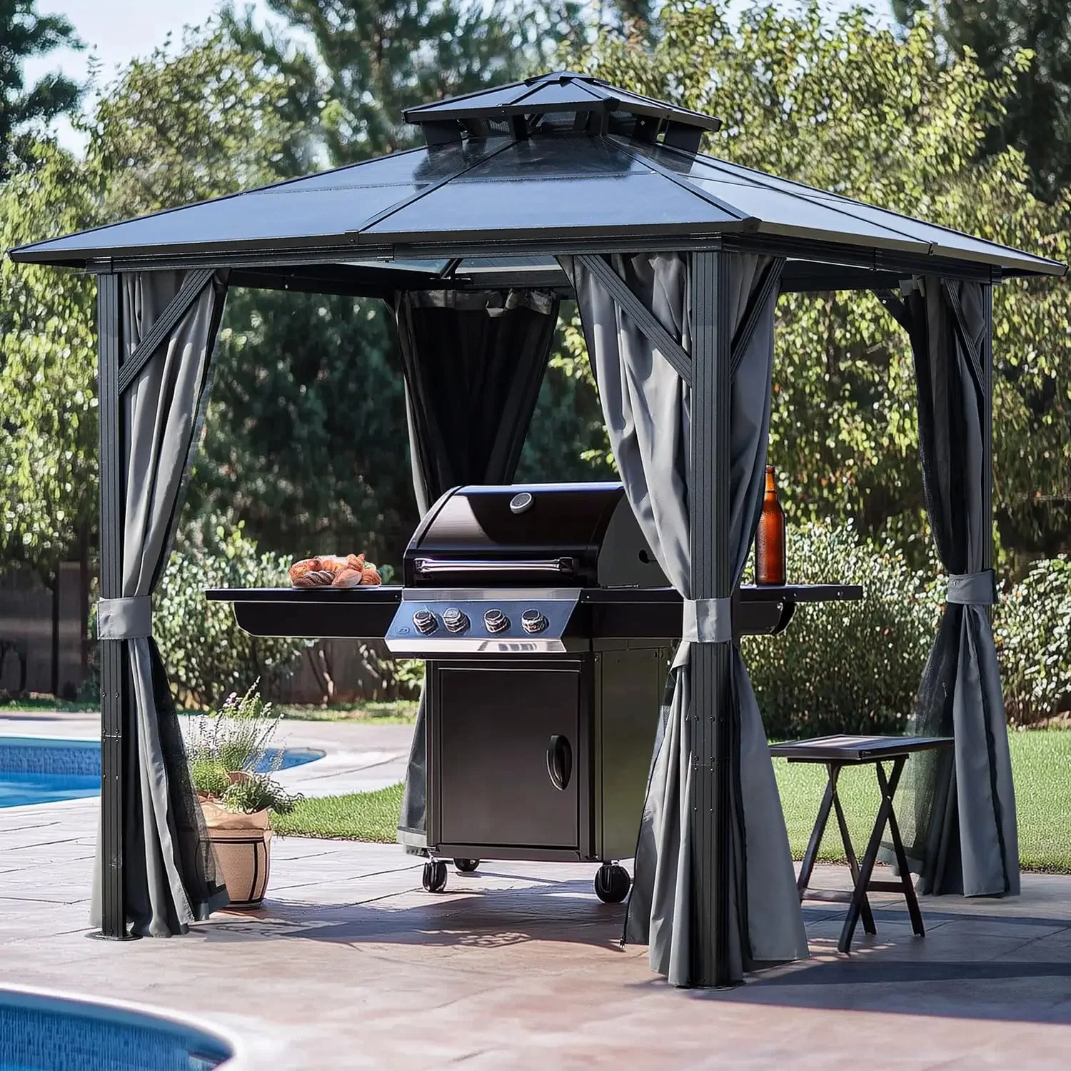 

Hardtop Grill Gazebo 8x8, UV-Resistant Polycarbonate Double Roof, Rust-Resistant Steel Frame, Modern Outdoor, Customized