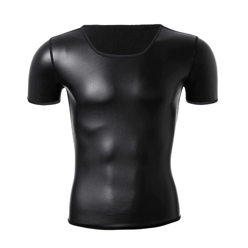 New Men\'s Black T-Shirt Faux Leather Short Sleeve Tops Male Slimming Shirt Body Shaper Waist Trainer Leather Shapewear Underwear