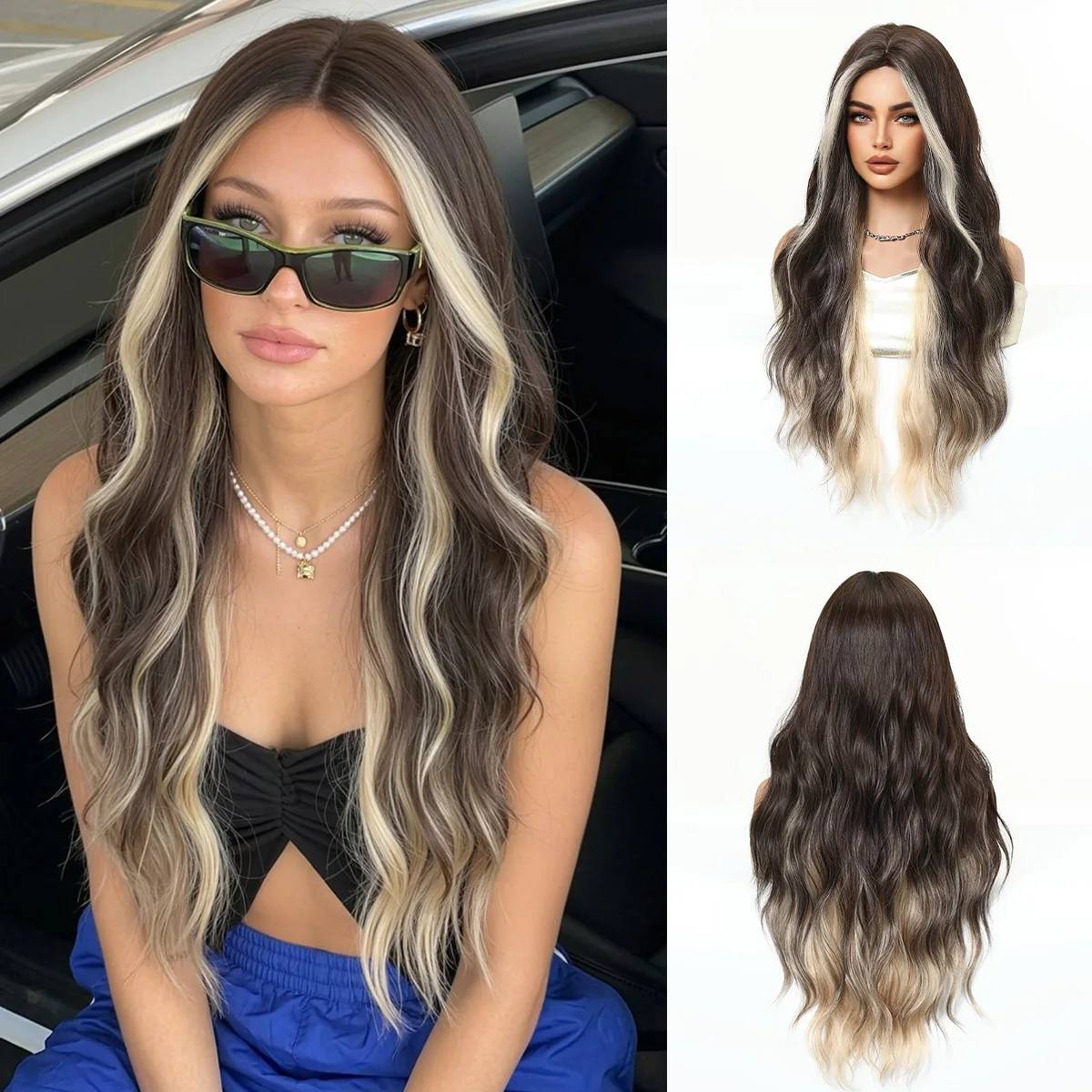 

Long Wavy Ombre Brown Blonde Highlight Wigs for Women Middle Part Synthetic Heat Resistant Layered Curly Hair Simulation Scalp Adjustable Breathable Wig Cap Daily Party Cosplay Wigs
