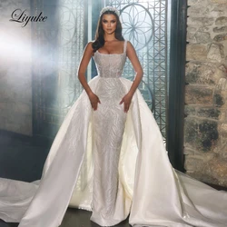 Liyuke Stunning Square Collar 2 In 1 Mermaid Wedding Dresses Luxury Beading Pearls Embroidery Lace Spaghetti Straps Bridal Gown