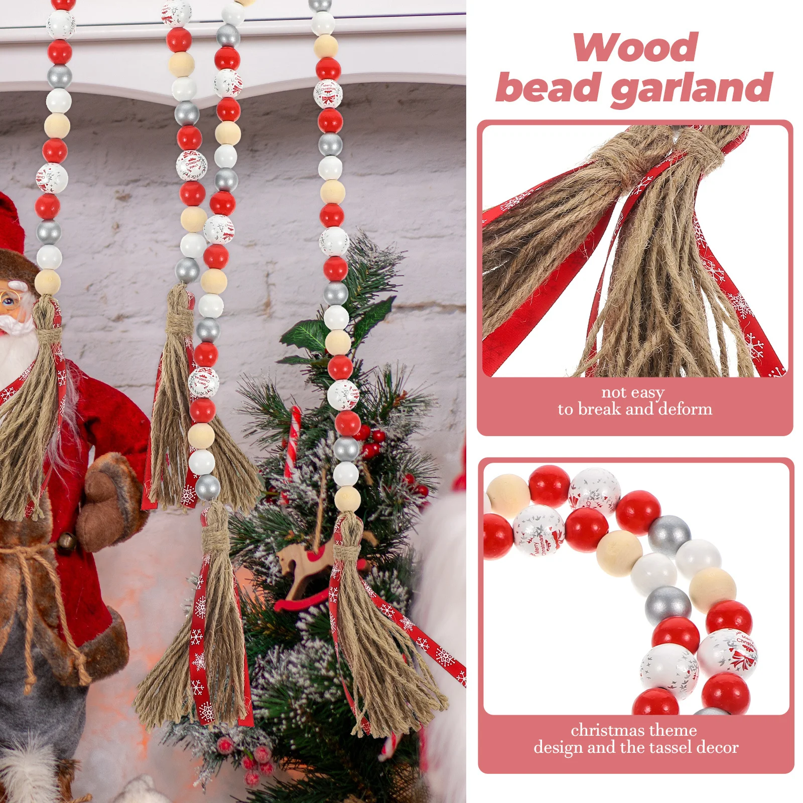 

Xmas Wooden Bead Garland Tassel String Decor Delicate Details Reusable Fireplace Ornament Party Decoration