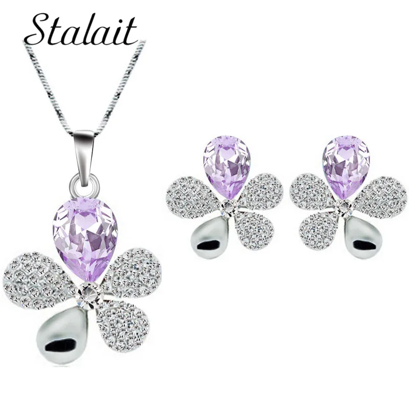 

Clover Necklace Earrings Crystal Jewelry Sets Full Rhinestones Five Petal Flower Jewleri Set For Woman Parti Artificial Crystal