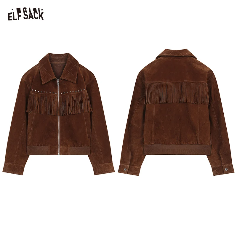 ELFSACK 2024 Autumn New Arrivals Retro Brown Short Jacket for Women American Style with Fringe and Studded Design