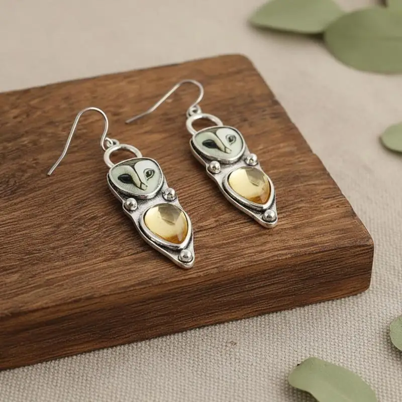 Retro Silver Barn Owl Dangle Earrings Natural Yellow Citrine Inlay Daily Wear Party Gift For Womenn