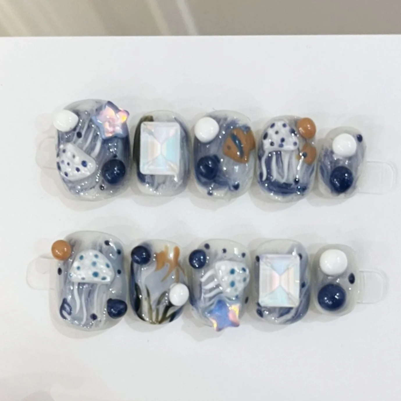 10개 블루 캣츠아이 핸드메이드 프레스온 네일 여름 과일 숏 네일 팁 스퀘어 라운드 인조 네일 아트 웨어러블 가짜 네일 세트